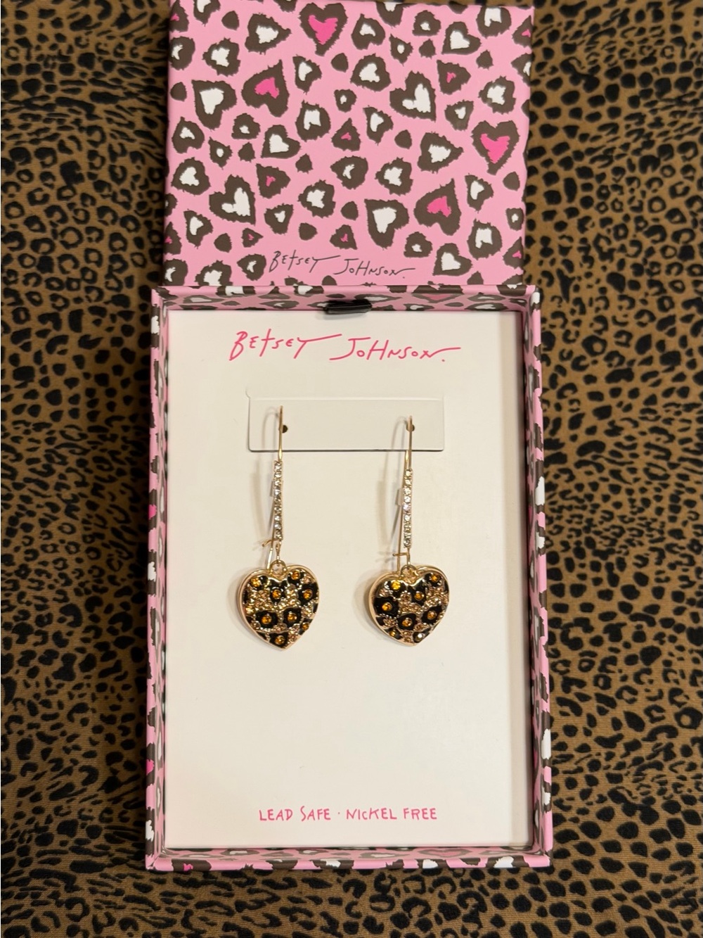 Betsey Johnson Gold Leopard Heart Dangle Earrings with Black and Amber Crystals